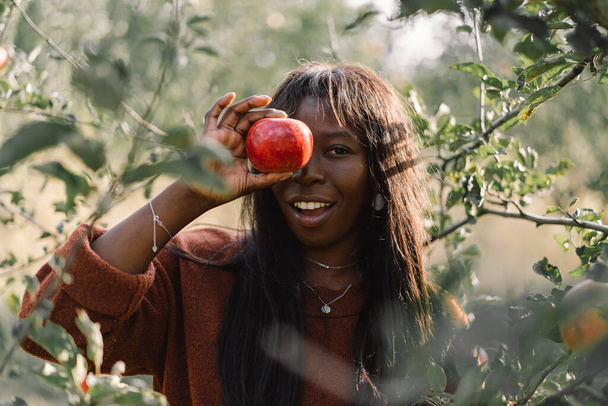 Portrait Afro woman in Apple Orchard. African ethnicity. Lifestyle - Photo, Image