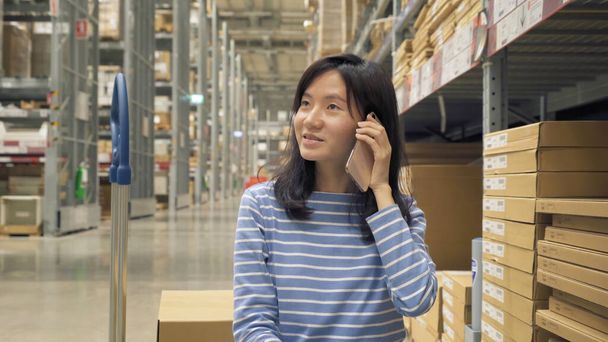 Asian woman using a smart phone or shopping on shelves at large warehouse retail store industry. Rack of furniture and home accessories. Interior of cargo in ecommerce and logistic concept. Technology - Photo, Image