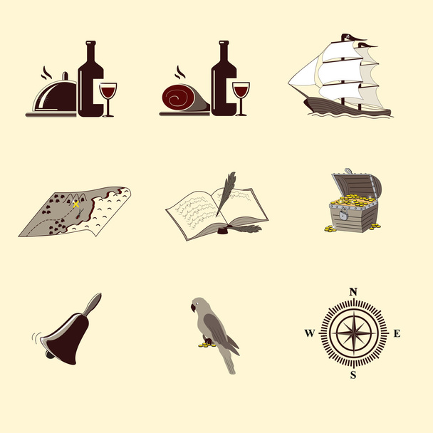 pirate icons: ship, treasure chest, compass - Vektör, Görsel