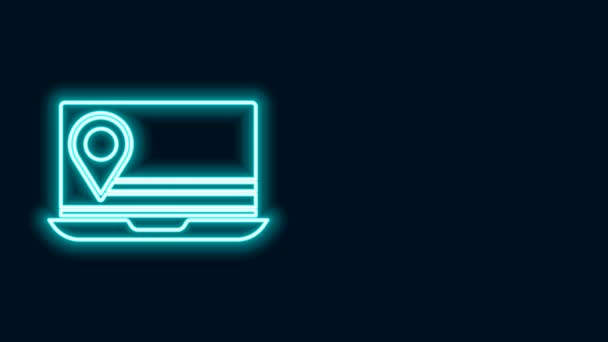 Siyah arkaplanda konum belirleyici simgesi olan parlak neon hattı dizüstü bilgisayarı. 4K Video hareketli grafik canlandırması - Video, Çekim