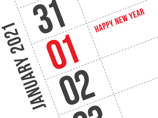 Κλείσιμο της πρώτης ημέρας του έτους 2021 στο ημερολόγιο, απλό και καθαρό διάνυσμα σχεδιασμού. - Διάνυσμα, εικόνα