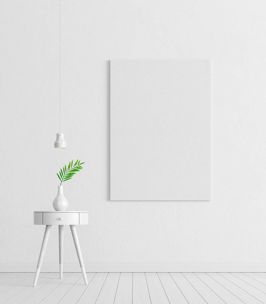 Rakj ki plakátot a fehér falra. Fehér Nappali belsőépítészet dekoratív növény az asztalon 3d render 3d illusztráció - Fotó, kép