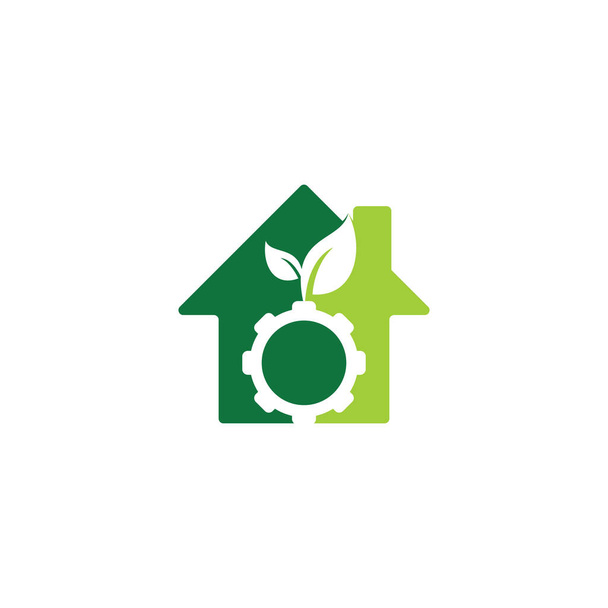 Liść przekładni domu kształt koncepcja wektor projekt logo. Ekologiczna energia, technologia i przemysł. - Wektor, obraz