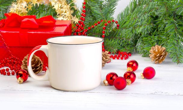 white mug cup holiday mockup. Christmas  wooden background. Christmas gifts - Photo, Image