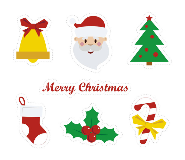 Conjunto de iconos vectoriales de Navidad con atributos de Año Nuevo. Árbol de Navidad, Santa Claus, campana, piruleta y hojas pegatinas - Vector, Imagen