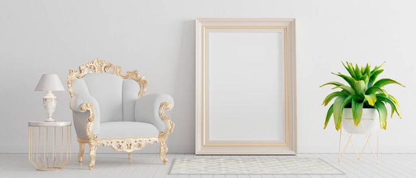 Nappali belsőépítészet stílusos fotellel. Fehér fal és arany részletek 3d render 3d illusztráció - Fotó, kép