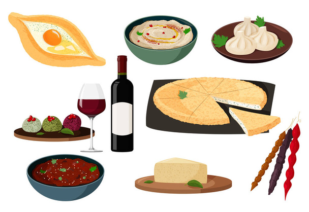 Set of vector realistic illustrations with traditional dishes of Georgia. Georgian cuisine collection. - Vector, Image