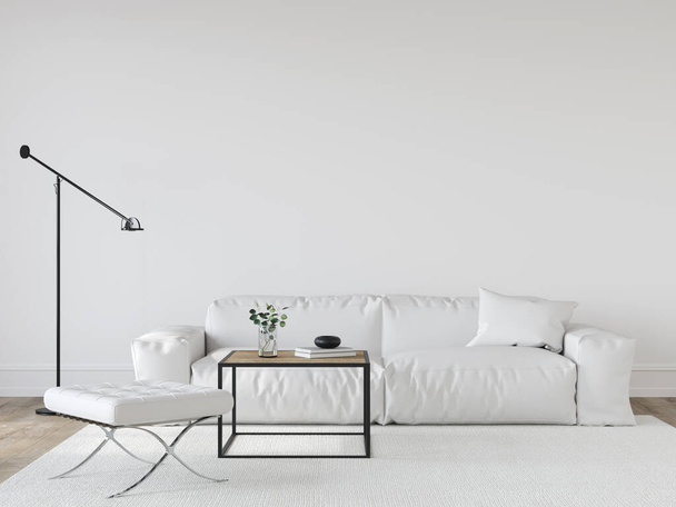 Interior da sala de estar em estilo moderno meados do século em cores esbranquiçadas com sofá de couro, mesa de metal, pufe e lâmpada de assoalho / ilustração 3D, renderização 3d  - Foto, Imagem