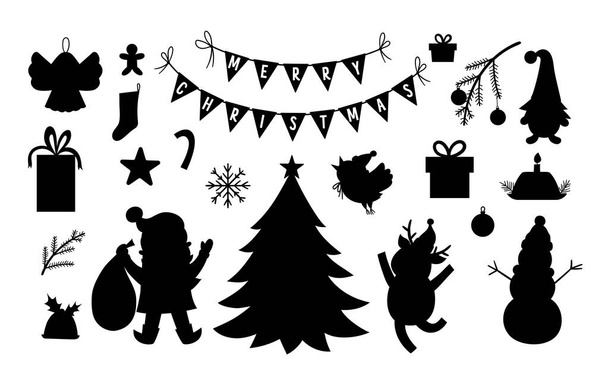 Vectorset van zwart-witte kerstsilhouetten met kerstman, hert, dennenboom, presenteert geïsoleerd op witte achtergrond. Leuke grappige winter pictogrammen illustratie voor decoraties of nieuwjaar ontwerp - Vector, afbeelding