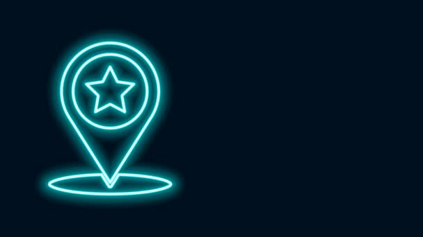 Leuchtender neonfarbener Kartenzeiger mit Sternsymbol auf schwarzem Hintergrund. Star Lieblings-Pin-Map-Symbol. Kartenmarkierungen. 4K Video Motion Grafik Animation - Filmmaterial, Video