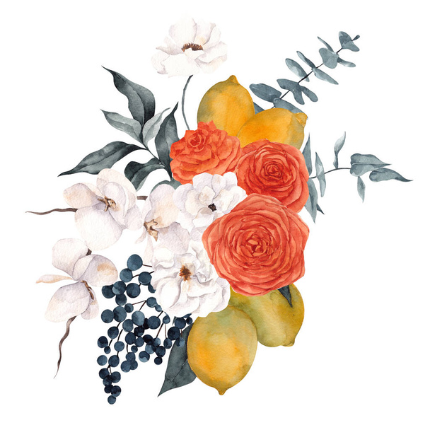Watercolor illustration with delicate flowers and citrus, lemon, tangerine, isolated on white background - Фото, зображення