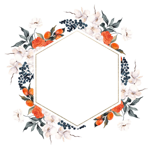 Акварельна рамка з цитрусовими, лимонними, мандариновими та елегантними квітами, ізольовані на білому тлі
 - Фото, зображення