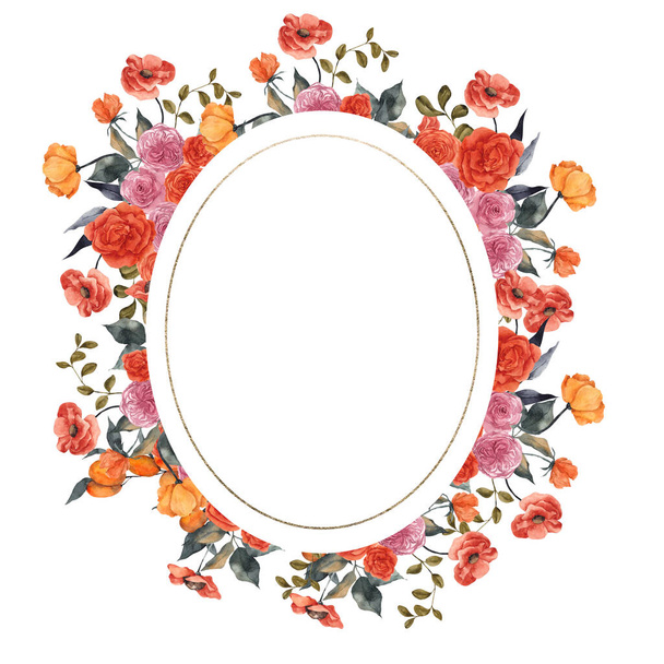Watercolor frame with citrus, lemon, tangerine and elegant flowers, isolated on white background - Foto, immagini