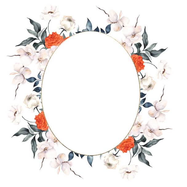 Watercolor frame with citrus, lemon, tangerine and elegant flowers, isolated on white background - 写真・画像