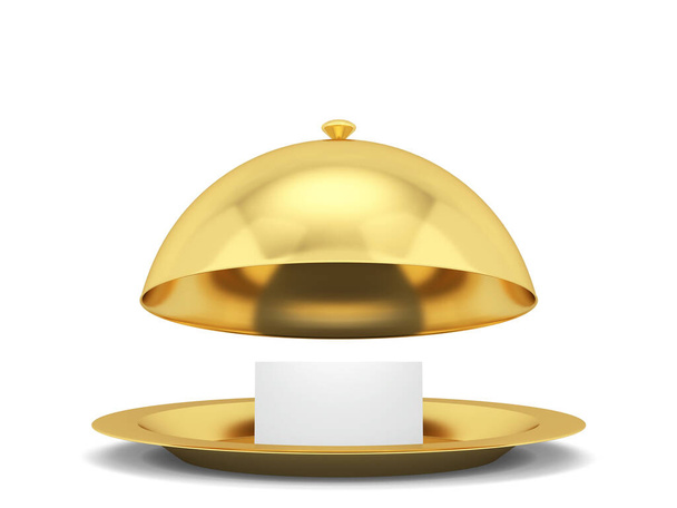 Shiny cloche plate with card inside. 3d illustration isolated on white background  - Фото, изображение