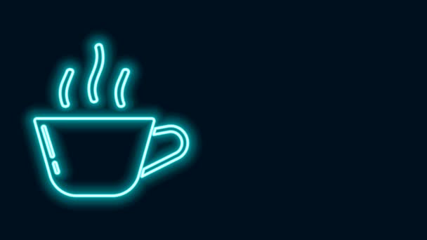 Icono de taza de café de línea de neón brillante aislado sobre fondo negro. Taza de té. Café caliente. Animación gráfica de vídeo 4K - Metraje, vídeo