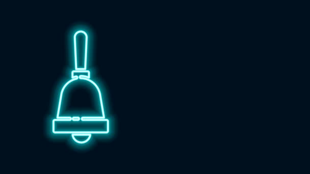 Gloeiende neon lijn Ringing bel pictogram geïsoleerd op zwarte achtergrond. Alarmsymbool, bedrijfsbel, handbelteken, meldsymbool. 4K Video motion grafische animatie - Video