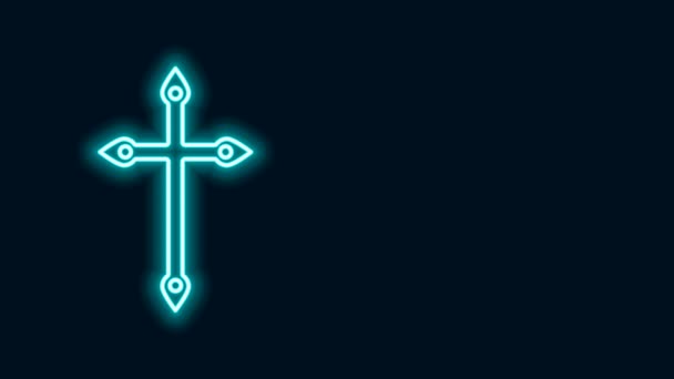 Zářící neonová čára Christian kříž ikona izolované na černém pozadí. Kostelní kříž. Grafická animace pohybu videa 4K - Záběry, video