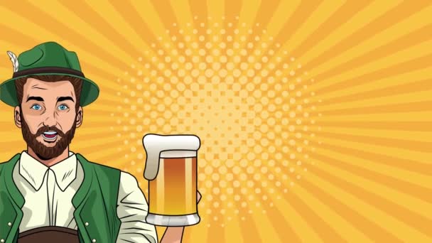 animação celebração oktoberfest feliz com homem alemão bebendo cerveja - Filmagem, Vídeo