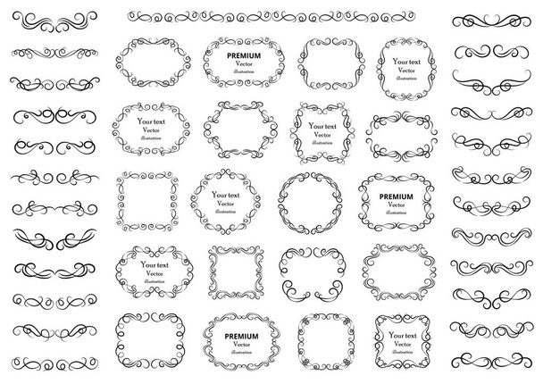 Kalligráfiai tervezési elemek. Dekoratív örvények vagy tekercsek, vintage keretek, virágzik, címkék és elválasztók. Retro vektor illusztráció - Vektor, kép