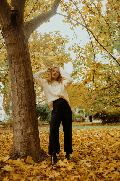 Photo of a girl in an autumn park in full growth. Fashionable woman. - Photo, Image