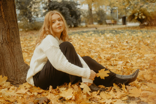 Ένα κορίτσι με λευκό πουλόβερ κάθεται στα φθινοπωρινά φύλλα. Μια όμορφη ξανθιά με τετράγωνο βλέμμα στην κάμερα. Γυναίκα σε εξωτερικούς χώρους στο πάρκο φθινόπωρο. - Φωτογραφία, εικόνα