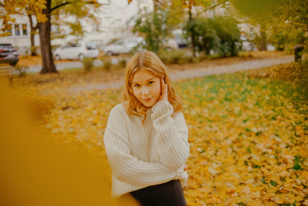 Egy gyönyörű lány a parkban ősszel az őszi levelek hátterében a kamerába néz.. - Fotó, kép