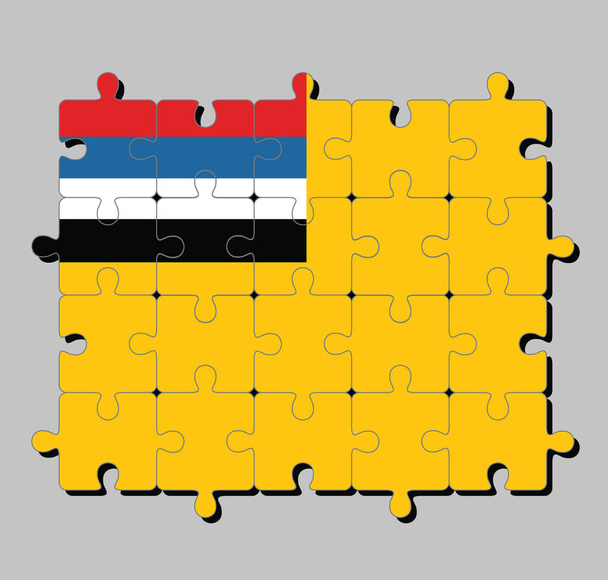 Головоломка с флагом Маньчжоу-го, флагом Маньчжурии, имела горчично-желтое поле с четырьмя горизонтальными полосами. Концепция исполнения или совершенства. - Вектор,изображение