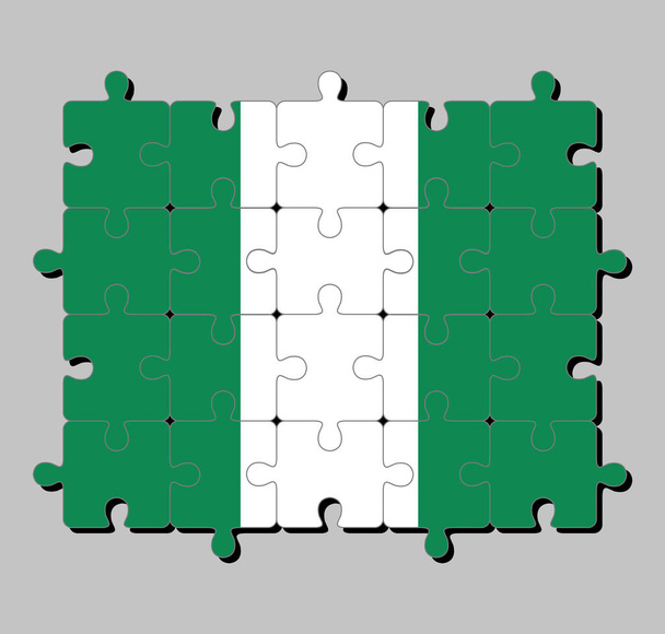 Jigsaw παζλ της Νιγηρίας σημαία σε ένα κάθετο δίχρωμο τρίγωνο του πράσινου, λευκό και πράσινο. Έννοια της εκπλήρωσης ή τελειότητας. - Διάνυσμα, εικόνα