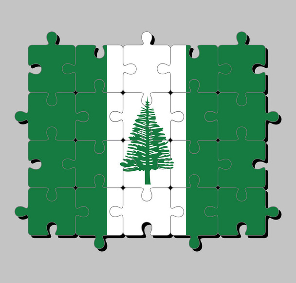 Rompecabezas de la bandera de Norfolk Island en el pino de Norfolk Island en una franja blanca central entre dos franjas verdes. Concepto de cumplimiento o perfección. - Vector, Imagen
