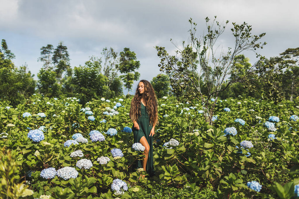 Jeune belle femme en robe verte profitant de fleurs d'hortensias bleues en fleurs dans le jardin. Concept de jardinage et fleuriste. Plantation de fleurs. Beauté dans la nature. - Photo, image