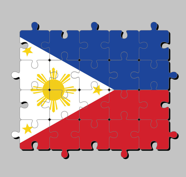 Rompecabezas de la bandera de Filipinas en un azul horizontal y rojo; triángulo equilátero blanco basado en el polipasto, estrellas de oro en sus vértices, y el sol de oro. Concepto de cumplimiento o perfección. - Vector, Imagen