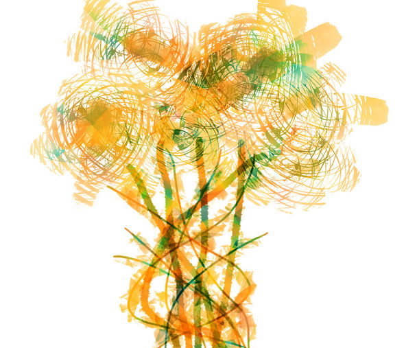 Umělecká dynamika v oranžových a zelených tónech. Barevné čáry, skvrny izolované na bílém pozadí. Abstraktní kytice květin. Abstraktní současné umění - Fotografie, Obrázek