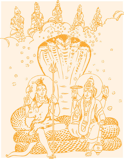 Рисунок или эскиз индуистских богов Господа Шивы и Вишну, сидящих вместе над редактируемой иллюстрацией - Вектор,изображение