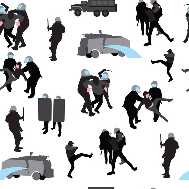 Police disperse the rally seamless pattern. Dispersal of protesters. Law and order illustration pattern - Vector, Image