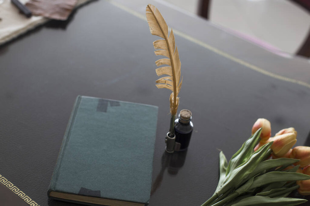 Έτοιμο για γράψιμο παλιού στυλ σετ με ένα στυλό φτερό με μελάνι - Φωτογραφία, εικόνα