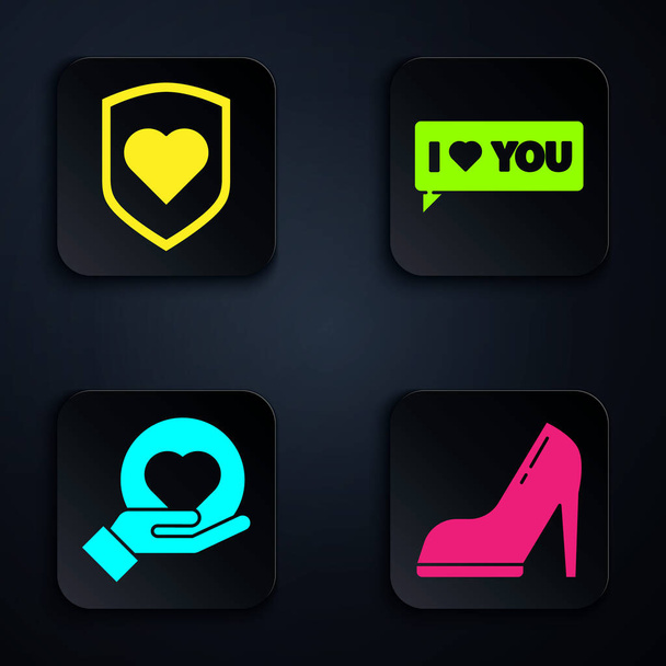 Set Woman shoe with high heel, Heart with shield, Heart on hand and Speech bubble with I love you. Black square button. Vector. - Vector, Image