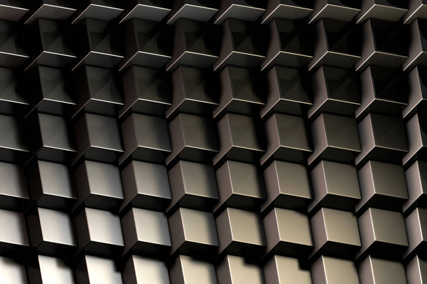 3D Tausta abstrakti minimalistinen rakenne monia metalli rivejä volumetriset kuutiot / pentahedrons makaa valkoisessa valossa. Animaatio. Siirrettävä briketin seinä - Valokuva, kuva