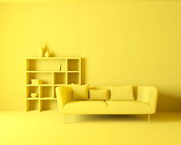 Желтый интерьер. 3D рендеринг, концепция гостиной - Фото, изображение