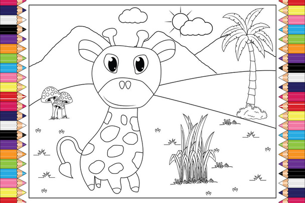 子供のためのかわいいキリンの動物の漫画、簡単なベクトルイラストを着色 - ベクター画像