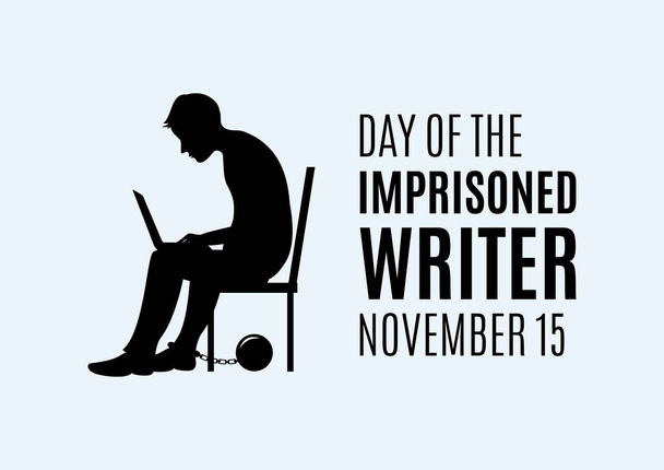 Jour du vecteur de l'écrivain emprisonné. Homme assis avec ordinateur sur son vecteur de genoux. Silhouette d'écrivain emprisonné d'un vecteur d'homme. Un homme avec une balle sur la jambe. Jour important - Vecteur, image