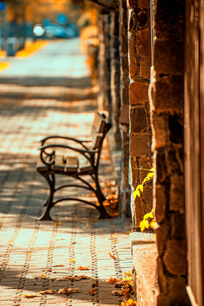 banco del parque en una ciudad en el sol otoñal - Foto, Imagen