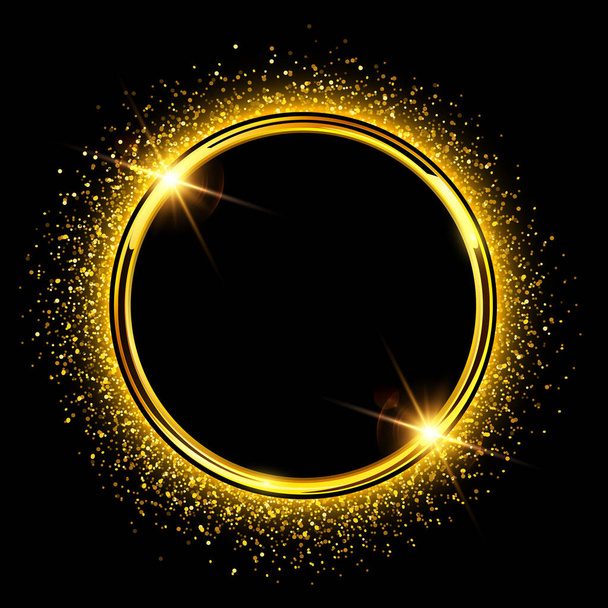 Golden sparkling ring with glitter on black background. Vector luxury and shiny golden frame. - Вектор, зображення