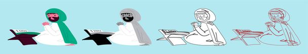 Satz muslimischer Männer, die den heiligen Qran lesen. Ramadan kareem flache Cartoon-Ikone Design-Vorlage mit verschiedenen Modellen. Vektorillustration - Vektor, Bild