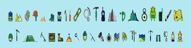 Set von Bergsteigerausrüstung Werkzeuge und Zubehör Cartoon-Symbole Design-Vorlage mit verschiedenen Modellen. isoliert auf blauem Hintergrund - Vektor, Bild