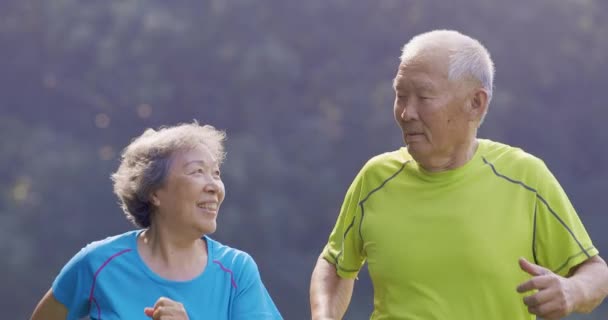 Asiatisches Senioren-Paar joggt im Naturpark - Filmmaterial, Video