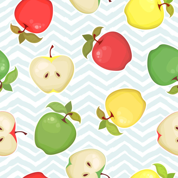 Seamless vector pattern with colorful apples isolated on geometrical background. Natural fresh fruits concept illustration for farmers market, eco food, advertising and packaging - Vettoriali, immagini