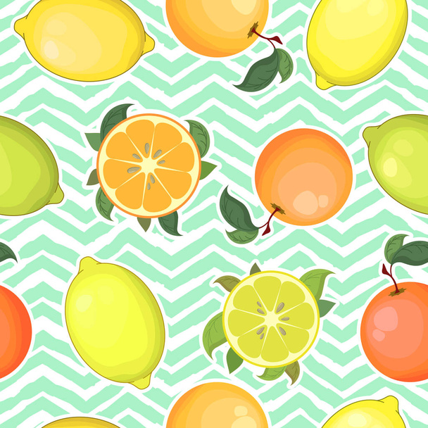Seamless vector pattern with colorful oranges and lemons isolated on geometrical background. Natural fresh fruits concept illustration for farmers market, eco food, advertising and packaging - Vetor, Imagem
