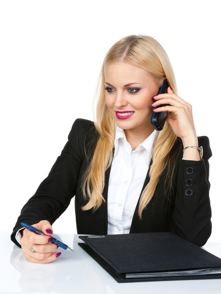 白い背景の上の電話で若いビジネス女性 - 写真・画像