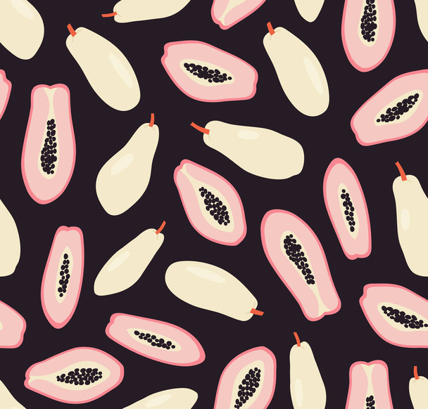 Naadloos patroon van beige papaya en de helft van roze papaya achtergrond elementen op een violette achtergrond. Kleurrijke achtergrond textuur voor textiel, papier. Veganistische voedselillustratie. Tropisch fruitpatroon. - Vector, afbeelding